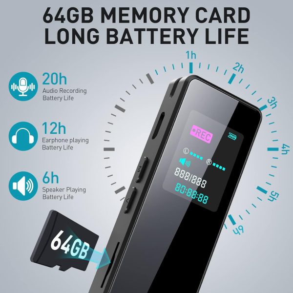 64GB Digital Audio Voice Recorder for Lectures Meetings, Voice Activated Tape Recorder with Playback Dictaphone Sound Recorder Recording Device, Noise Reduction, MP3 Player - Image 2