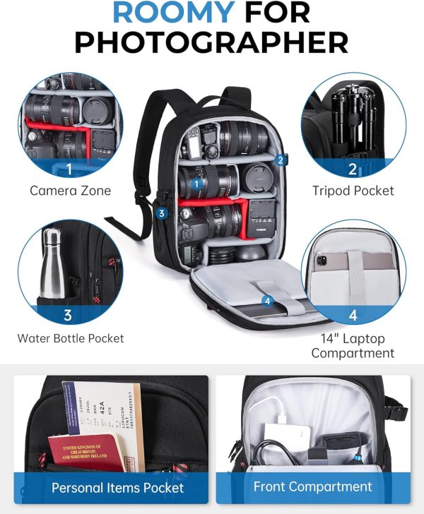 BAGSMART Camera Bag, DSLR SLR Small Camera Backpack Fits 13 Inch Laptop, Anti-theft Photography Backpacks with Rain Cover, Tripod Holder, Black - Image 2
